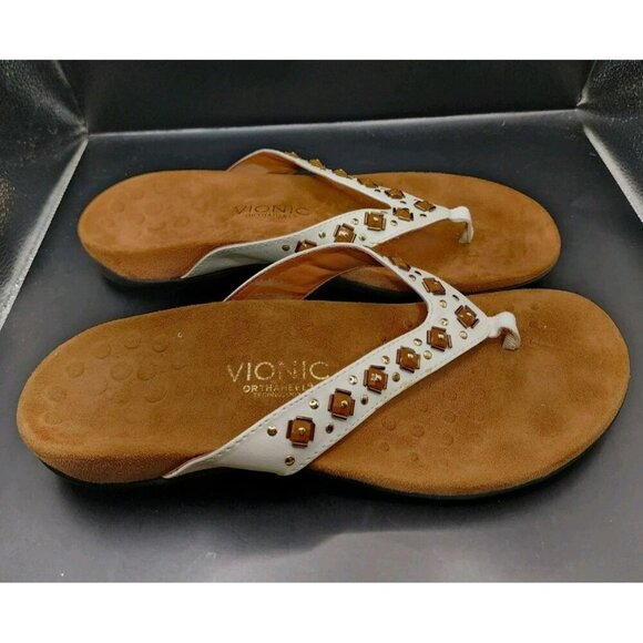 VIONIC Floriana Thong Sandals Flip Flop Women's US 10 White Leather Orthotic - Picture 3 of 8